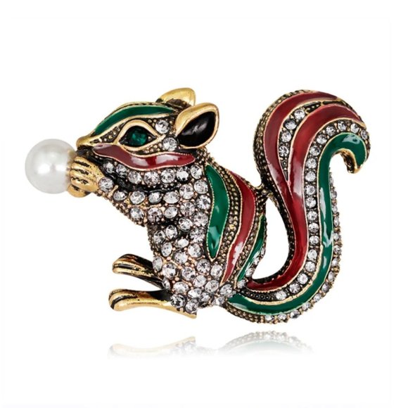 🍏50% OFF/3+...Rhinestone Squirrel/Chipmunk Brooch/Pendant (Brown/Green) - Picture 4 of 12